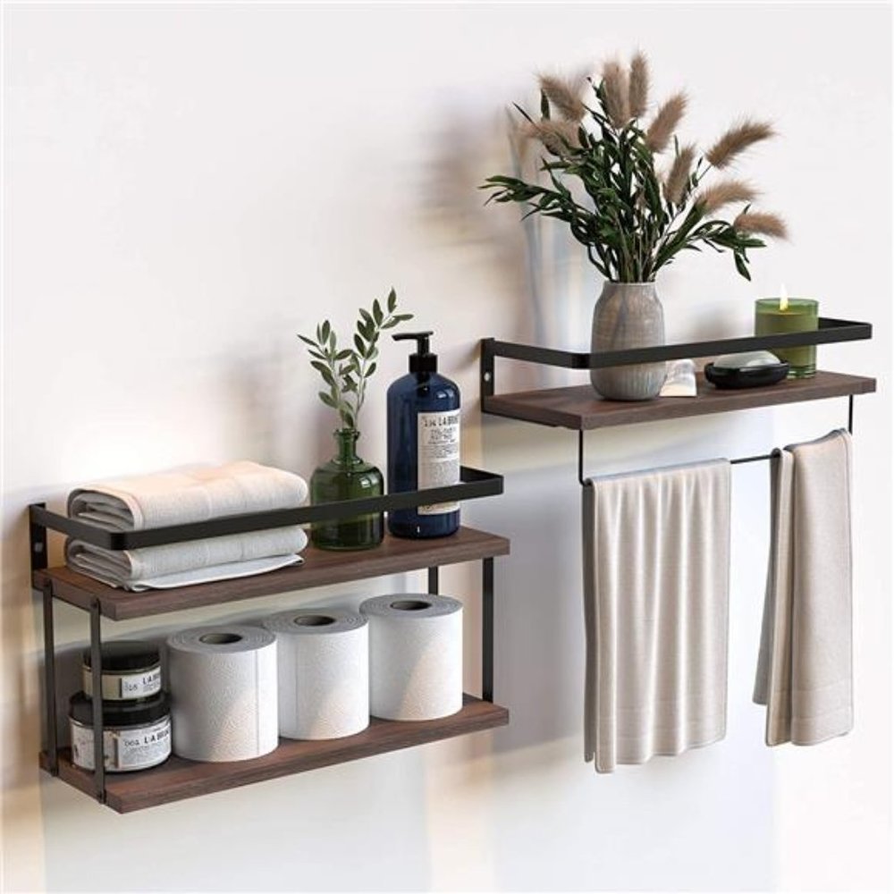 2+1 Tier Wall Mounted Floating Shelves Set of 2, Rustic Wood Wall Shelf